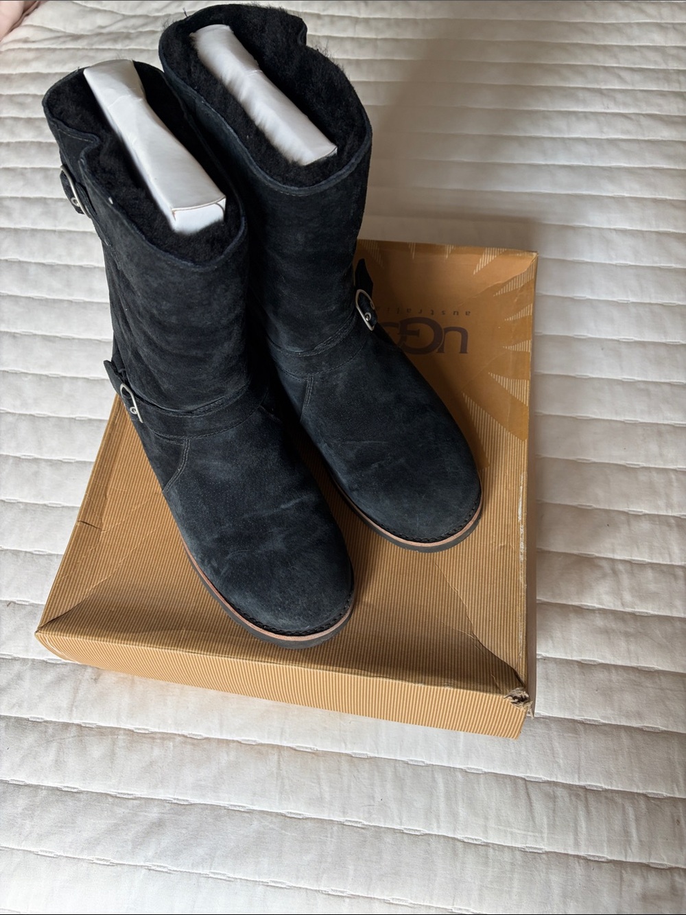 UGG Black Suede Mid-Calf Buckle Winter Boots